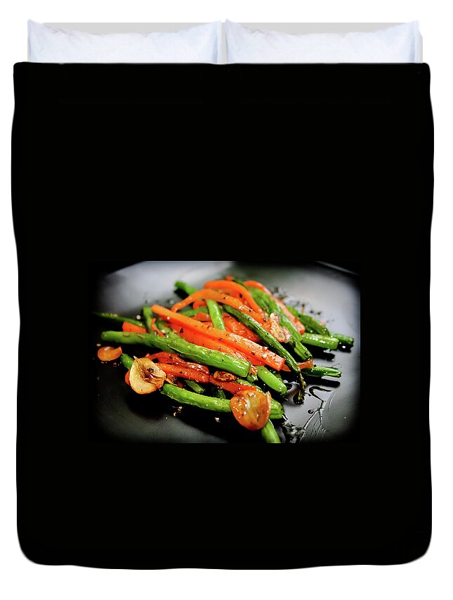 Garlic Duvet Cover featuring the photograph Carrot And Green Beans Stir Fry by Iris Filson