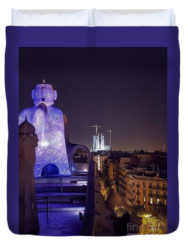 Cityscape Duvet Cover featuring the photograph casa Mila roof top in color by Mary Capriole