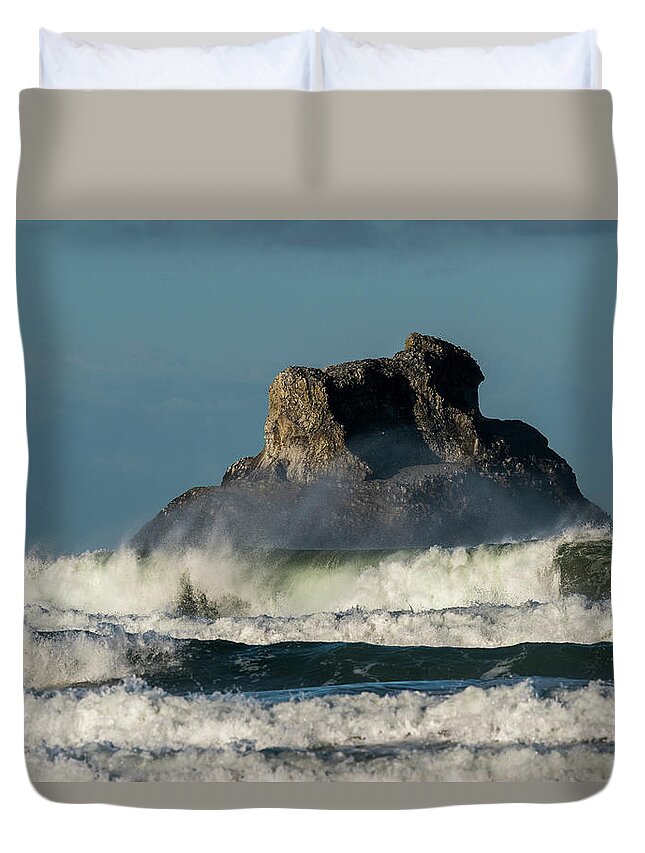 Arch Cape Duvet Cover featuring the photograph Castle Rock and Surf by Robert Potts