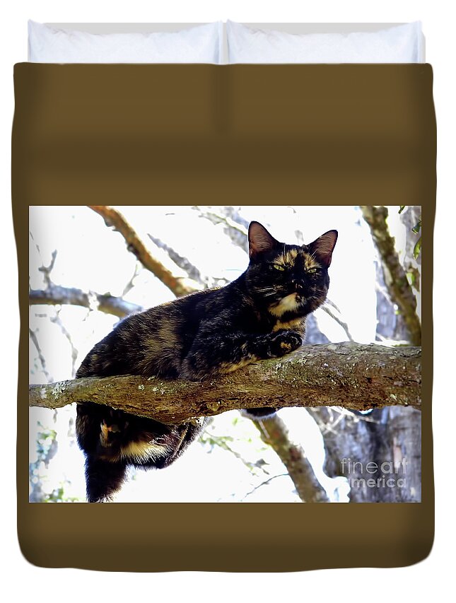 Cat Duvet Cover featuring the photograph Cat - Out - On - A - Limb by D Hackett
