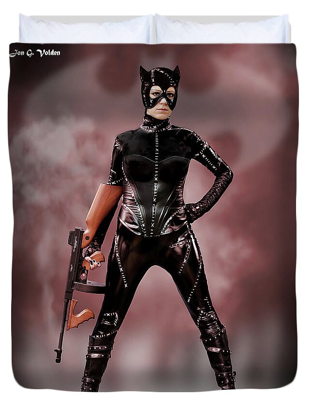Cat Duvet Cover featuring the photograph Cat Smoking Bats by Jon Volden
