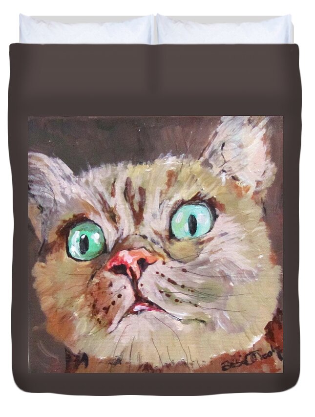 Cat Duvet Cover featuring the painting CAT What do you see by Barbara O'Toole
