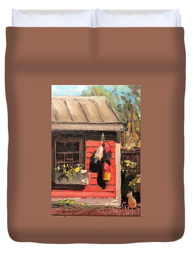 Impressionism Duvet Cover featuring the painting Cat with Shed by Maggii Sarfaty