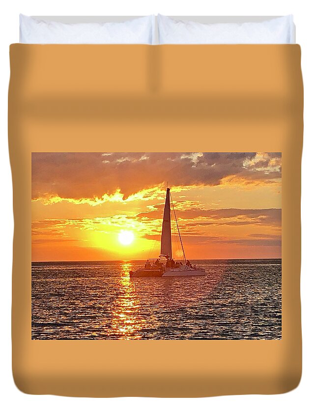 Beach Duvet Cover featuring the photograph Catamaran Sailing Past Sunset in Captiva Island Florida 2019 by Shelly Tschupp