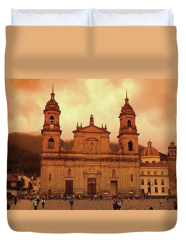 Clock Tower Duvet Cover featuring the photograph Cathedral In Bogota, Colombia by Medioimages/photodisc