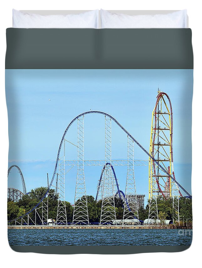 Cedar Point Duvet Cover featuring the photograph Cedar Point Millennium Force and Top Trill Dragster 0458 by Jack Schultz