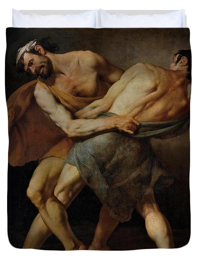 Fracanzano Cesare Duvet Cover featuring the painting Cesare Fracanzano / 'Two Wrestlers or Hercules and Antaeus -?-', 1637, Italian School. ANTEO. by Cesare Fracanzano -1605-1651-