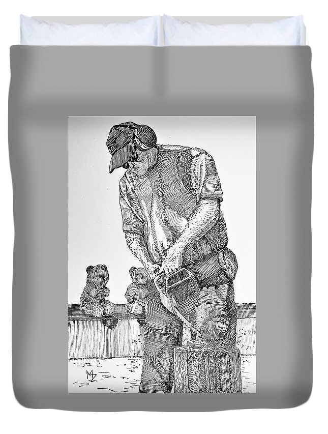 Sculpture Duvet Cover featuring the drawing Chainsaw Sculpting by Margaret Zabor