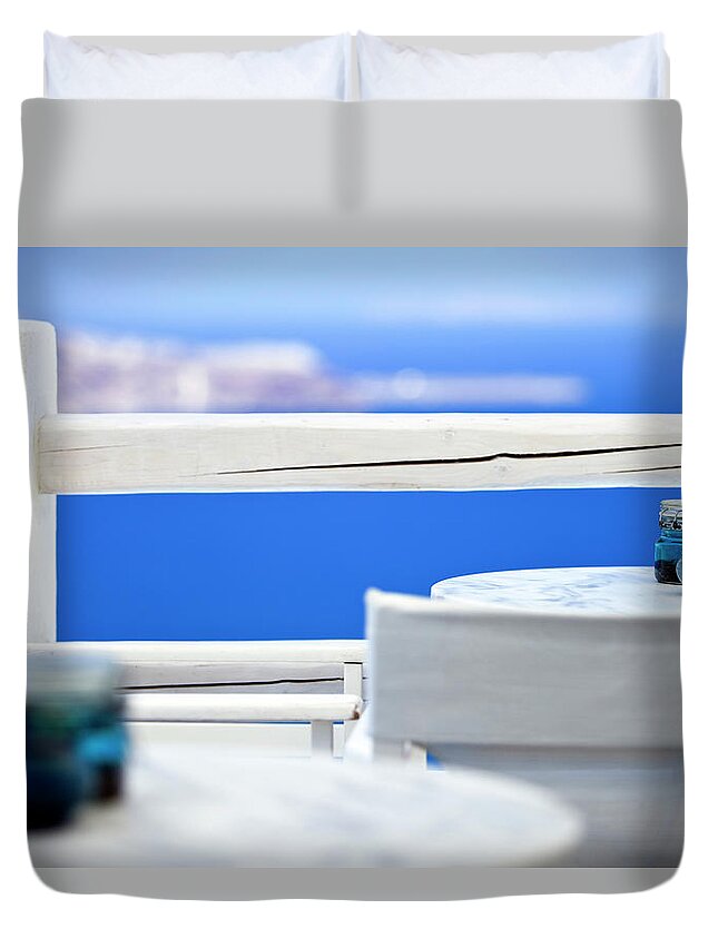 Greek Culture Duvet Cover featuring the photograph Chairs And Table by Mbbirdy