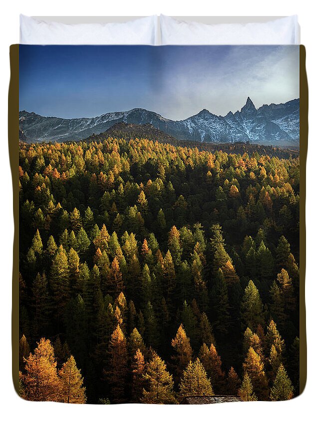 Chalet Duvet Cover featuring the photograph Chalet surrounded by autumn by Dominique Dubied