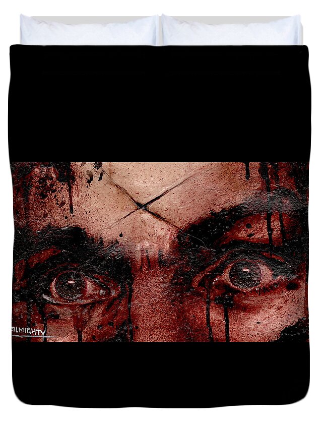 Ryan Almighty Duvet Cover featuring the painting CHARLES MANSONS EYES dry blood by Ryan Almighty
