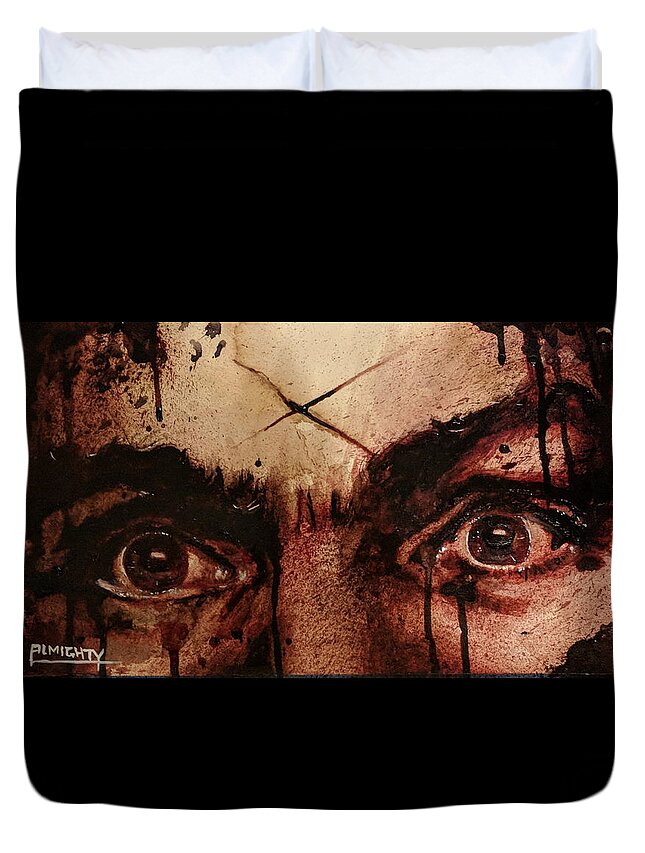Ryan Almighty Duvet Cover featuring the painting CHARLES MANSONS EYES fresh blood by Ryan Almighty