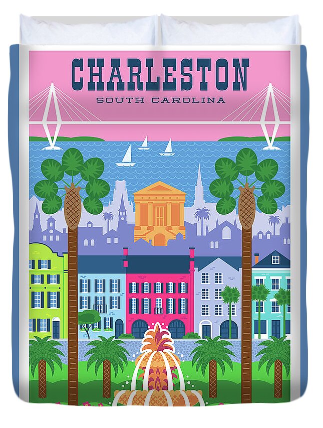 #faatoppicks Duvet Cover featuring the digital art Charleston Poster - Retro Travel by Jim Zahniser
