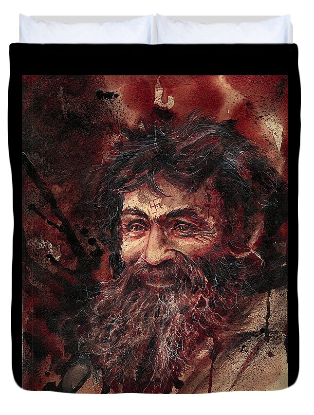 Ryan Almighty Duvet Cover featuring the painting CHARLES MANSON portrait dry blood by Ryan Almighty