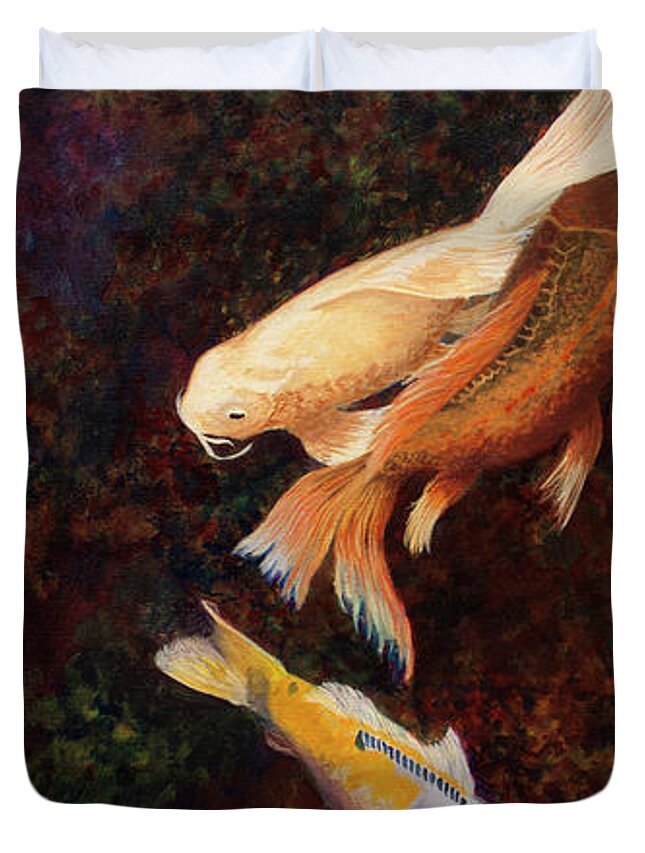 Koi Duvet Cover featuring the painting Chasing Tail by Megan Collins