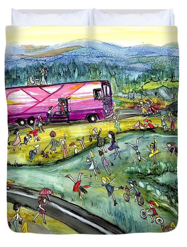 Pink Bus Duvet Cover featuring the painting Chasing the Pink Bus by Patty Donoghue