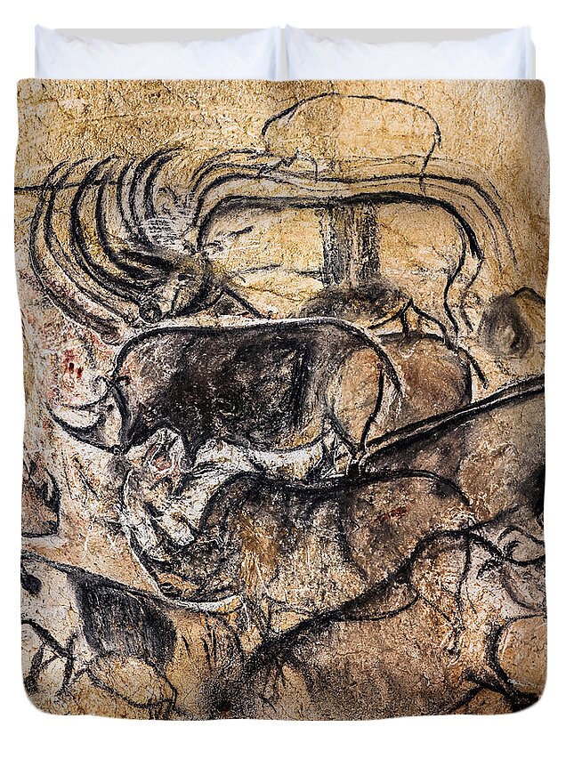 Chauvet Rhinoceros Panel Duvet Cover featuring the digital art Chauvet - Rhinoceros Panel by Weston Westmoreland