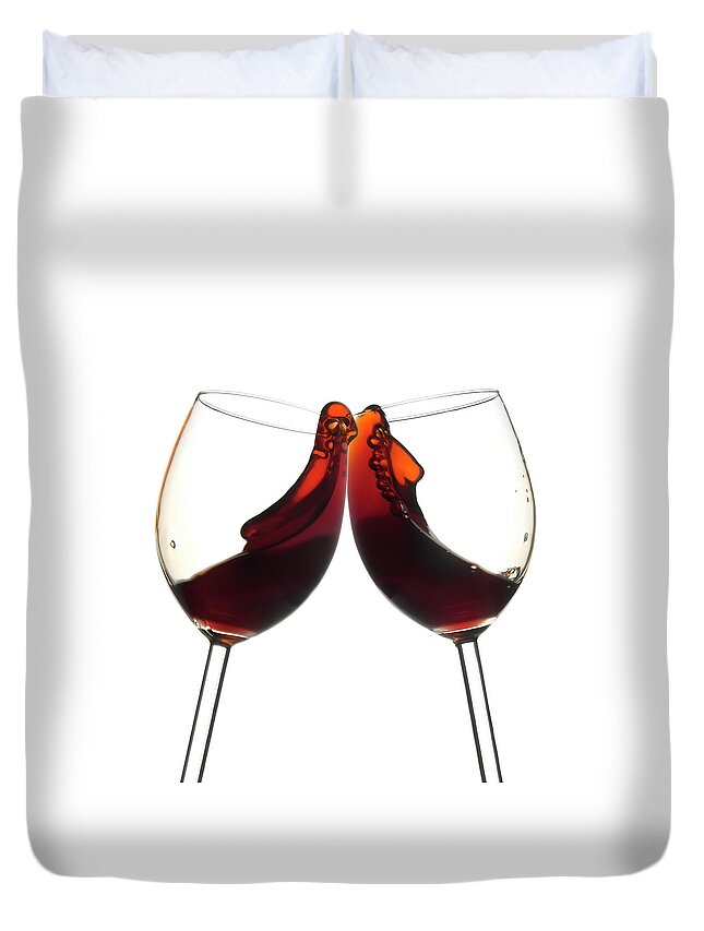 White Background Duvet Cover featuring the photograph Cheers Two Red Wine Glasses, Toast by Domin domin