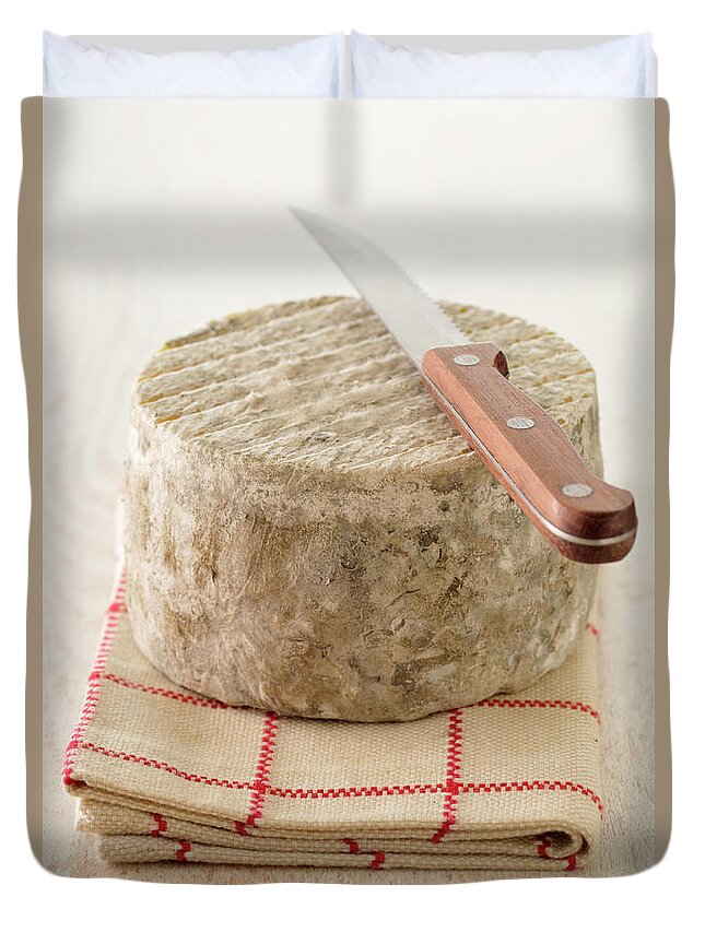 Cheese Duvet Cover featuring the photograph Cheese With A Knife by Riou