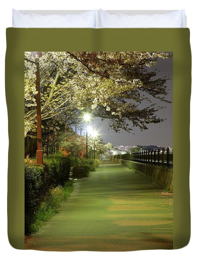 Silence Duvet Cover featuring the photograph Cherry Blossom Walkway At Night by Tayacho