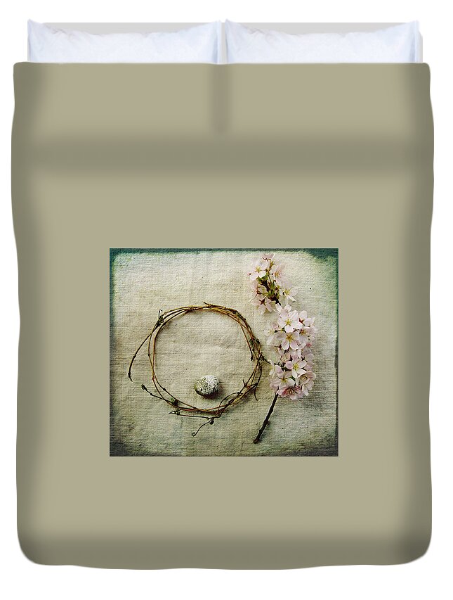 White Background Duvet Cover featuring the photograph Cherry Blossom With Pebble And Twig by Fiona Crawford Watson
