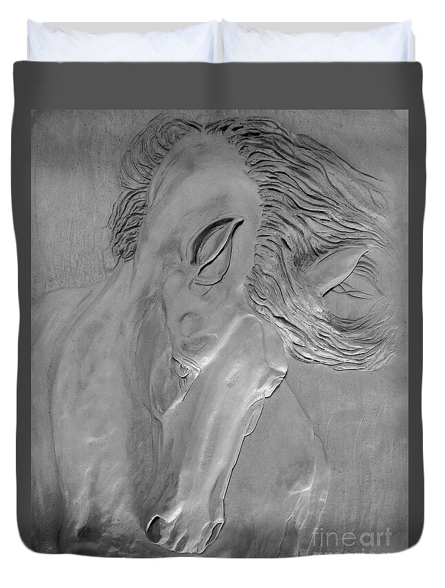 Horse Duvet Cover featuring the sculpture Cheval D'Argent by Suzette Kallen