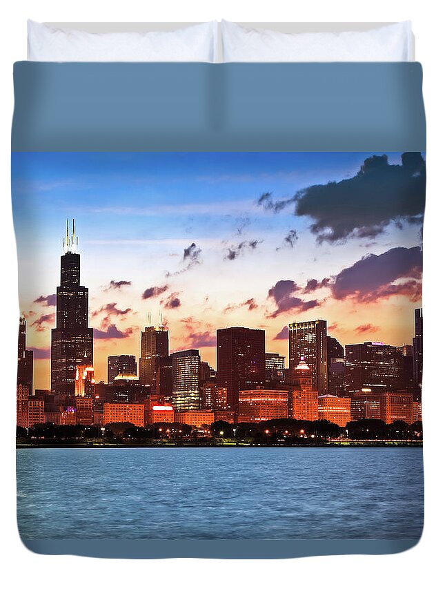 Lake Michigan Duvet Cover featuring the photograph Chicago Skyline At Sunset by Pawel.gaul