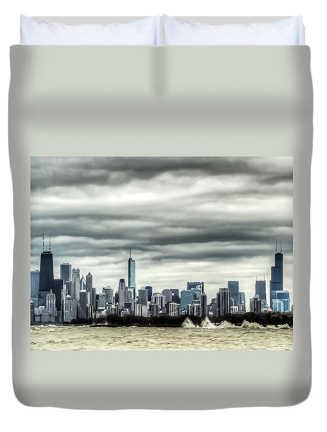 Lake Michigan Duvet Cover featuring the photograph Chicago Wind And Skyline by Jeffrey Olson