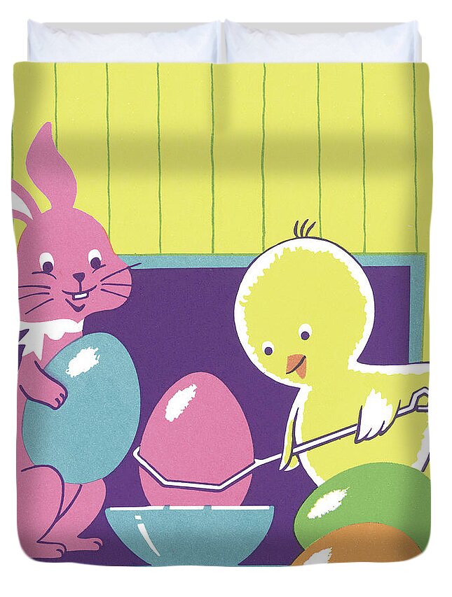Animal Duvet Cover featuring the drawing Chick and Bunny With Easter Eggs by CSA Images