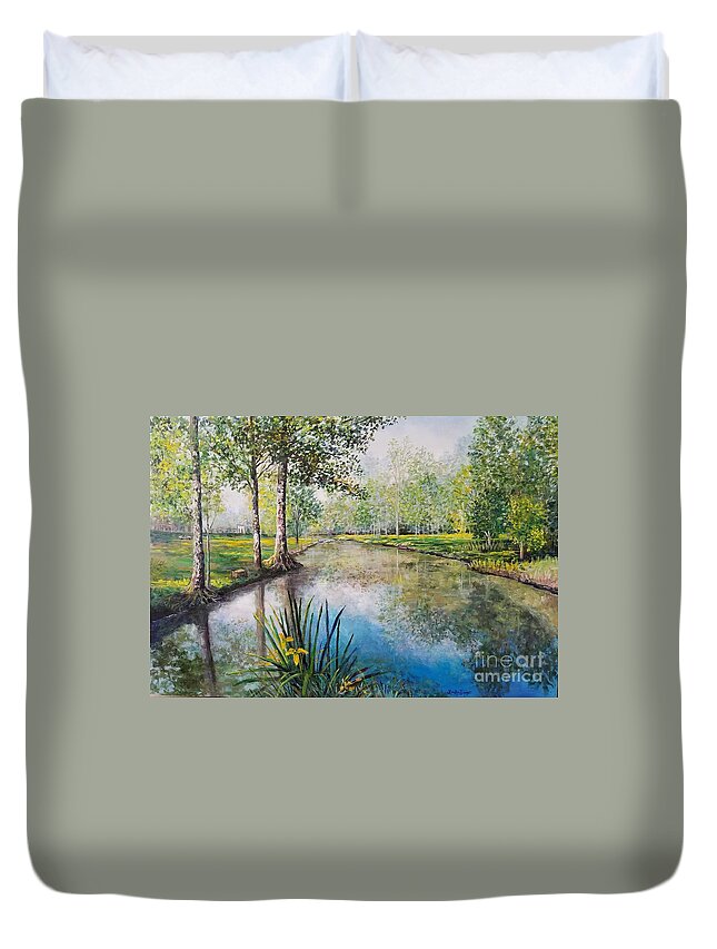 Pond Duvet Cover featuring the painting Childhood Home by Lou Ann Bagnall