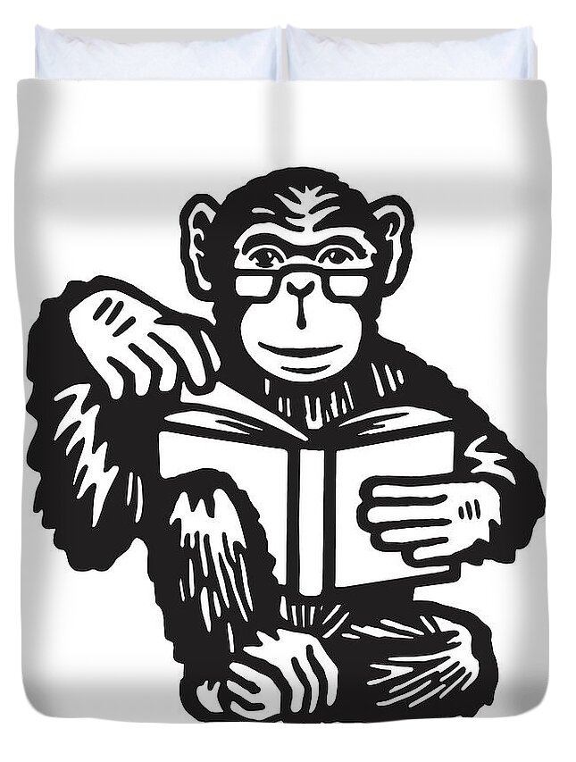 Accessories Duvet Cover featuring the drawing Chimpanzee Reading a Book by CSA Images