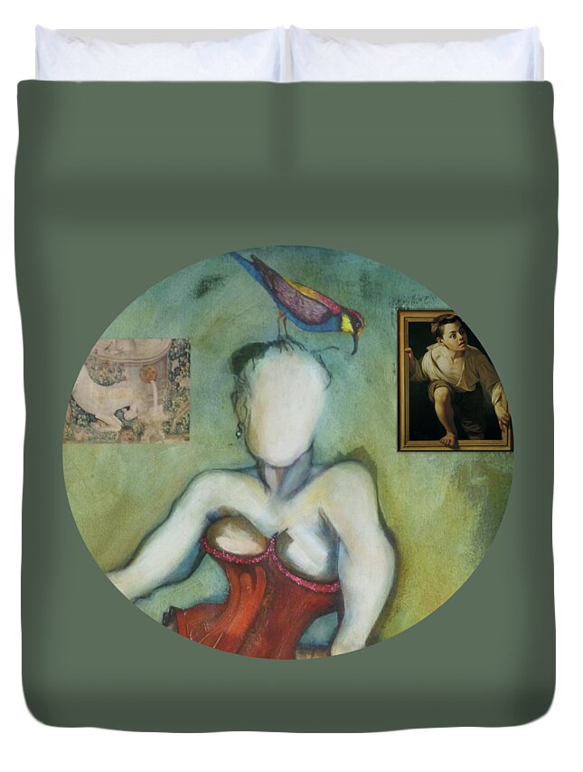 Burlesque Duvet Cover featuring the painting Chin Chin With an Imaginary Bird on Her Head by Carolyn Weltman