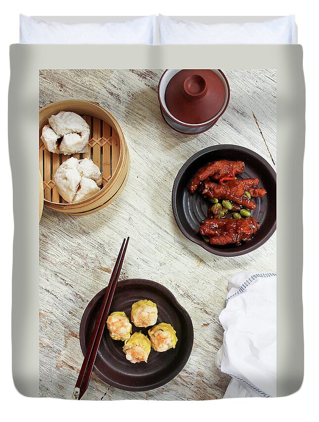 Dumpling Duvet Cover featuring the photograph Chinese Dim Sum Spread by Jen Voo Photography