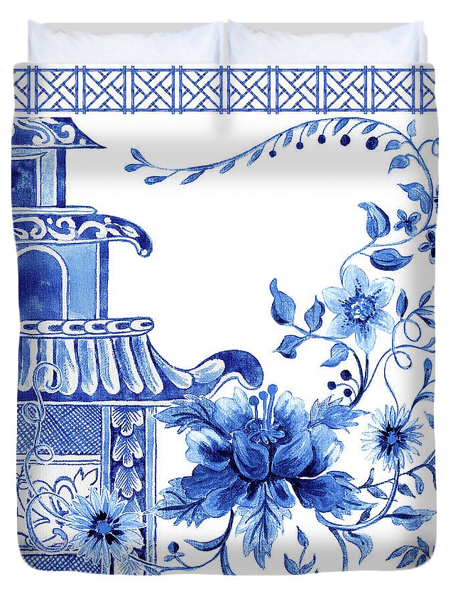 Chinese Duvet Cover featuring the painting Chinoiserie Blue and White Pagoda with Stylized Flowers and Chinese Chippendale Border by Audrey Jeanne Roberts