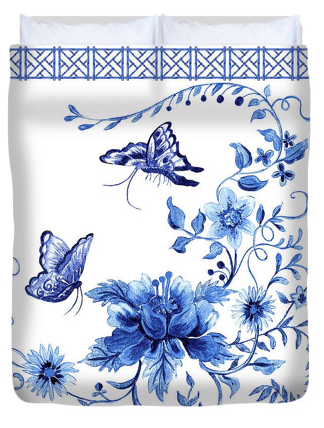 Butterflies Duvet Cover featuring the painting Chinoiserie Blue and White Pagoda with Stylized Flowers Butterflies and Chinese Chippendale Border by Audrey Jeanne Roberts