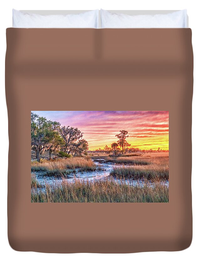 Sunset Duvet Cover featuring the photograph Chisolm Island Marsh Sunset by Scott Hansen