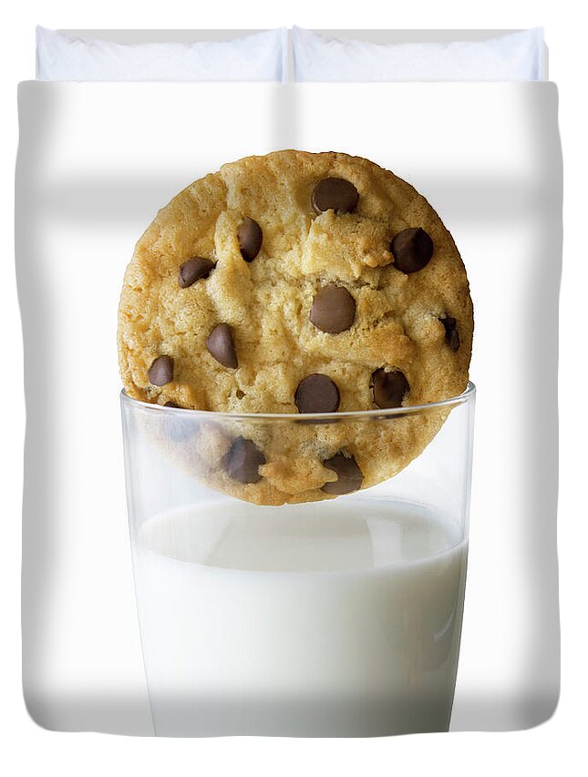 Milk Duvet Cover featuring the photograph Chocolate Chip Cookie And Glass Of Milk by Burazin