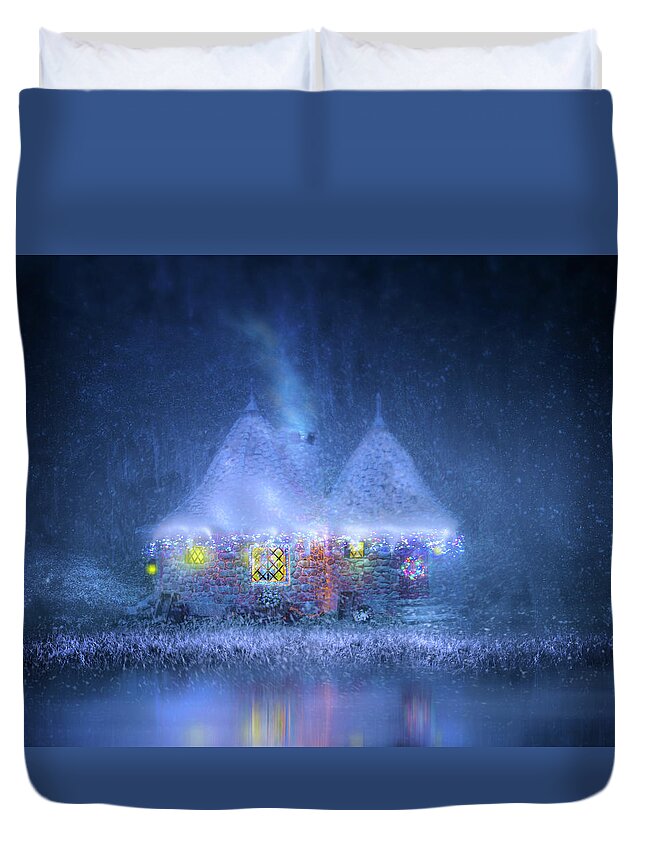 Cottage Duvet Cover featuring the digital art Christmas Cottage by Mark Andrew Thomas