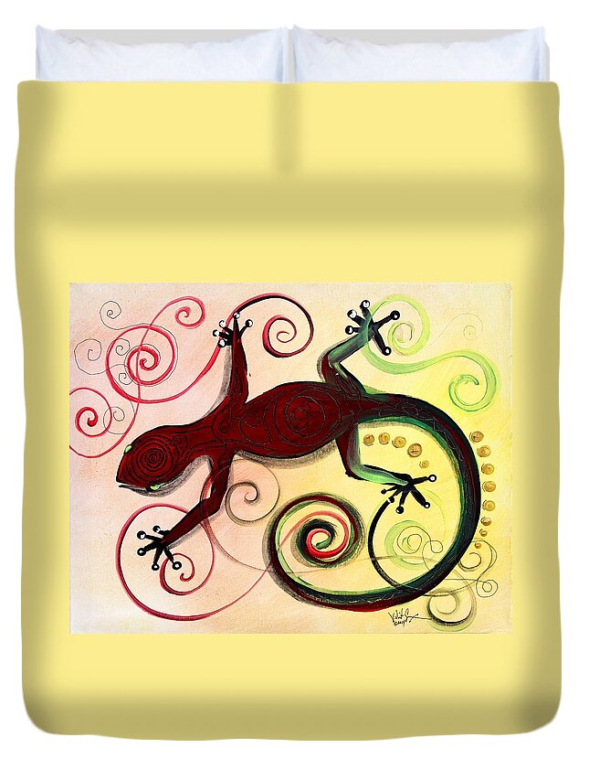 Gecko Duvet Cover featuring the painting Christmas Gecko, with Gold Poop by J Vincent Scarpace