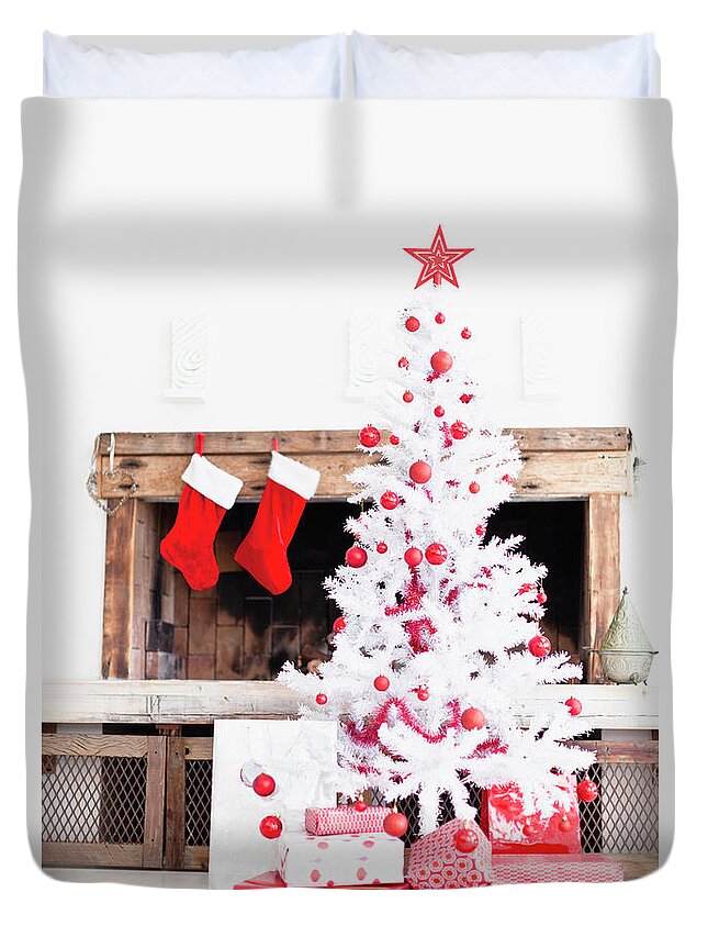 Holiday Duvet Cover featuring the photograph Christmas Tree With Gifts And Stockings by Hybrid Images