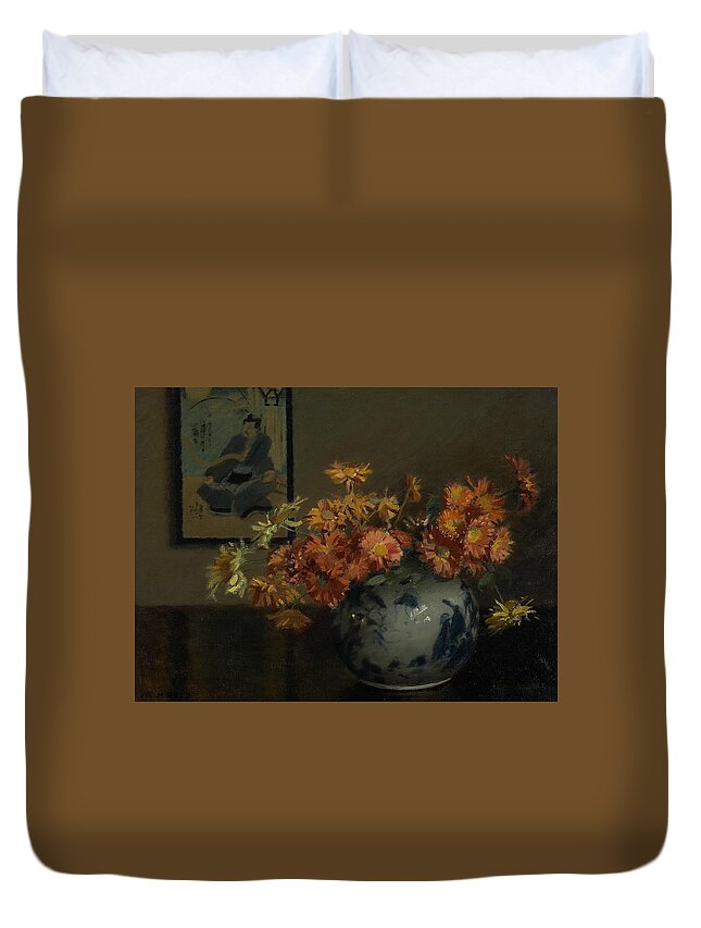 19th Century Art Duvet Cover featuring the painting Chrysanthemums, A Japanese Arrangement by Mary Hiester Reid