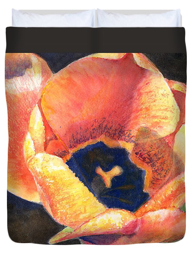 Flower Duvet Cover featuring the painting Chuck's Orange Tulip by Wendy Keeney-Kennicutt