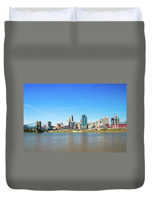 Great American Ball Park Duvet Cover featuring the photograph Cincinnati Skyline, River, Bridge, And by Davel5957