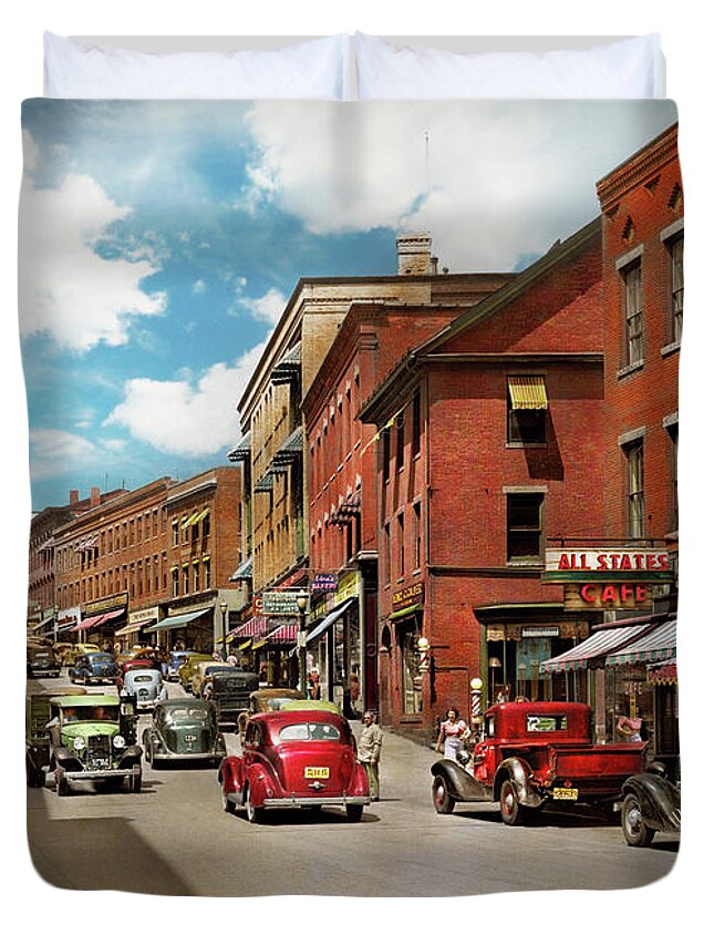 Vermont Duvet Cover featuring the photograph City - Brattleboro VT - No parking on Main St 1941 by Mike Savad