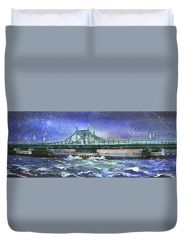 City Island Duvet Cover featuring the painting City Island Bridge Winter by Marguerite Chadwick-Juner