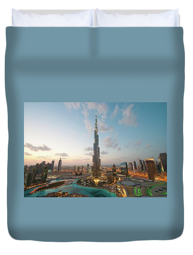 Built Structure Duvet Cover featuring the photograph City Lights In Dubai At Sunset by Dblight