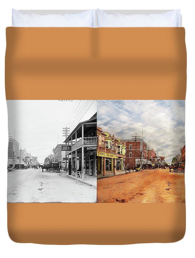 Miami Duvet Cover featuring the photograph City - Miami FL - Downtown Miami 1908 - Side by Side by Mike Savad
