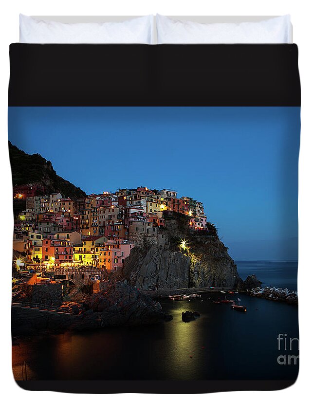 Tranquility Duvet Cover featuring the photograph City On Cliffs Next To Sea, Manarola by Stian Olsen