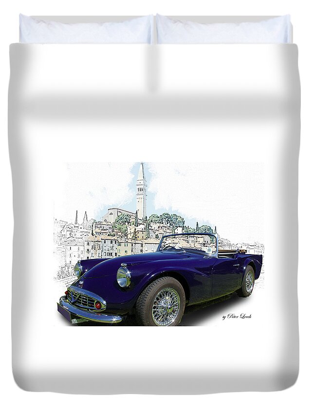 British Duvet Cover featuring the digital art Classic British Sports car in Croatia by Peter Leech