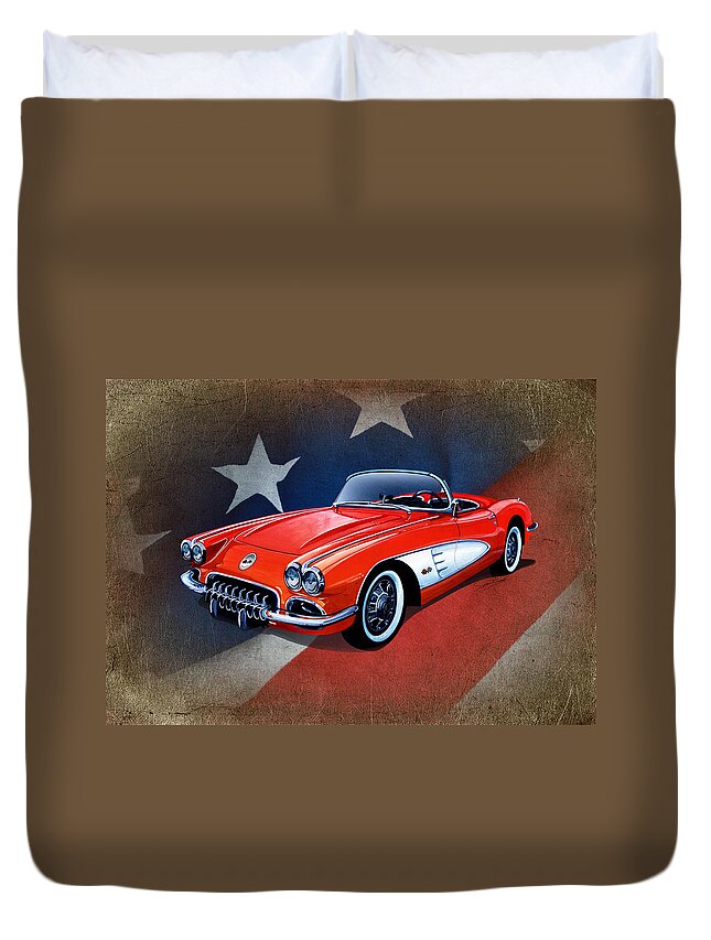 Art Duvet Cover featuring the mixed media Classic Red Corvette C1 by Simon Read